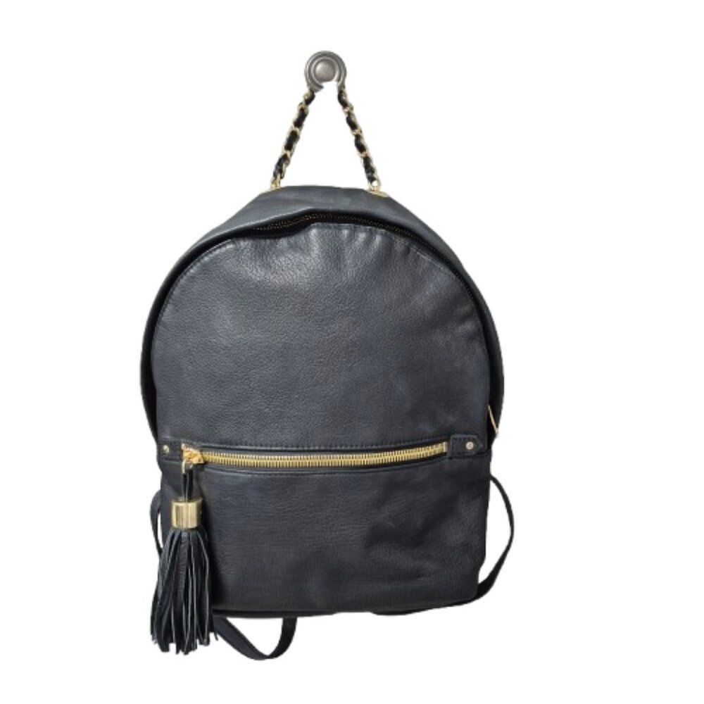 Margot Black Leather Backpack with Gold Hardware and Tassel